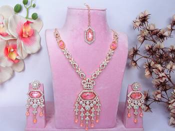Pink rose gold premium designer american diamond and stone work necklace set 1