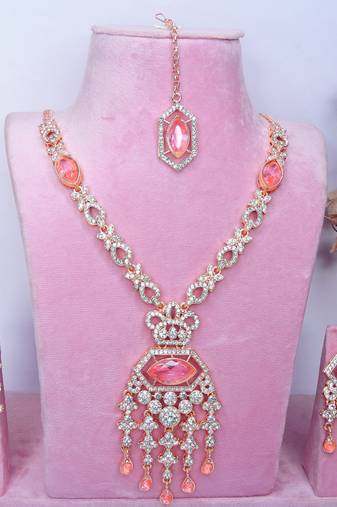 Pink rose gold premium designer american diamond and stone work necklace set