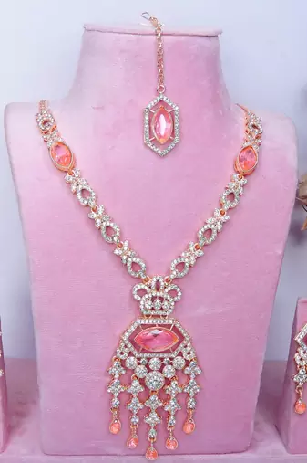 Pink rose gold premium designer american diamond and stone work necklace set