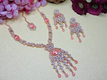 Pink rose gold premium designer american diamond and stone work necklace set 2
