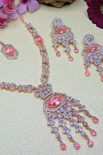 Pink rose gold premium designer american diamond and stone work necklace set