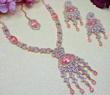 Pink rose gold premium designer american diamond and stone work necklace set 3