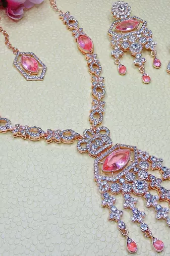 Pink rose gold premium designer american diamond and stone work necklace set