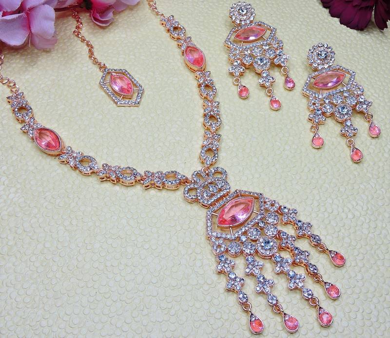 Pink rose gold premium designer american diamond and stone work necklace set