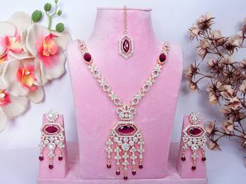 Purple rose gold premium designer american diamond and stone work necklace set 1