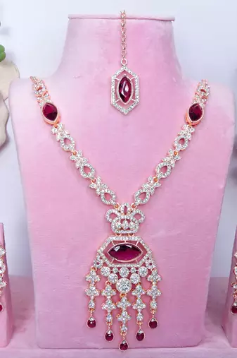 Purple rose gold premium designer american diamond and stone work necklace set