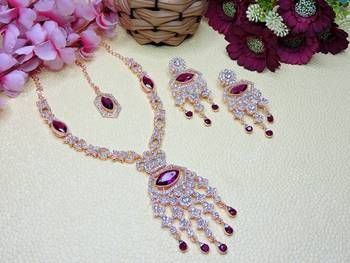 Purple rose gold premium designer american diamond and stone work necklace set 2