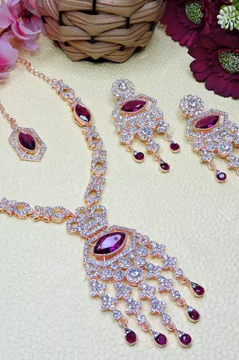 Purple rose gold premium designer american diamond and stone work necklace set