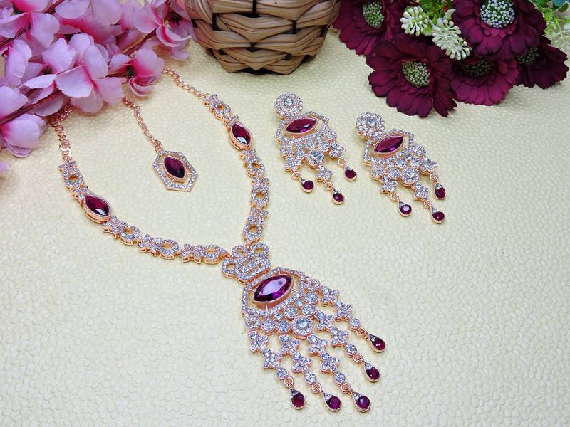 Purple rose gold premium designer american diamond and stone work necklace set