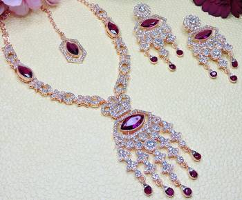 Purple rose gold premium designer american diamond and stone work necklace set 3