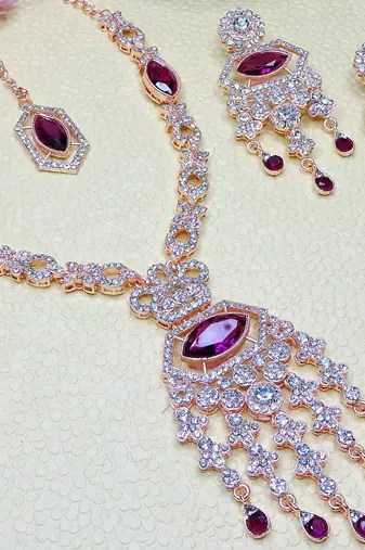 Purple rose gold premium designer american diamond and stone work necklace set