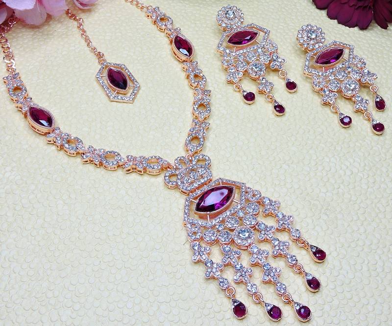 Purple rose gold premium designer american diamond and stone work necklace set