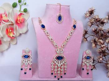 Blue rose gold premium designer american diamond and stone work necklace set 1