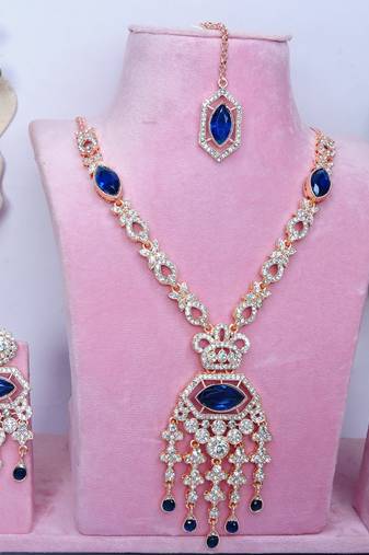 Blue rose gold premium designer american diamond and stone work necklace set