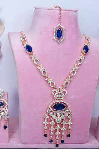 Blue rose gold premium designer american diamond and stone work necklace set