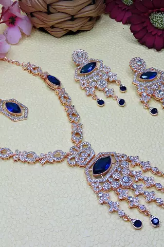 Blue rose gold premium designer american diamond and stone work necklace set