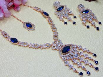Blue rose gold premium designer american diamond and stone work necklace set 3