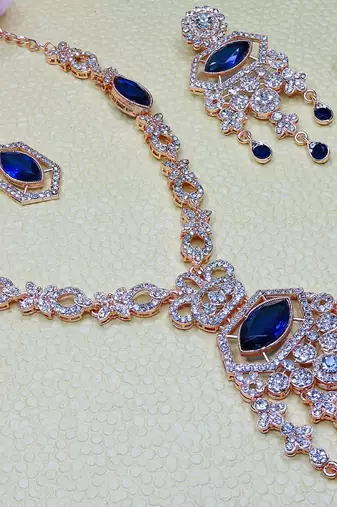Blue rose gold premium designer american diamond and stone work necklace set