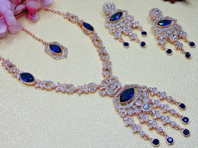 Blue rose gold premium designer american diamond and stone work necklace set