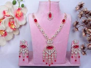 Pink rose gold premium designer american diamond and stone work necklace set 1