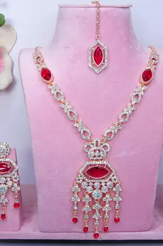 Pink rose gold premium designer american diamond and stone work necklace set