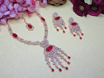 Pink rose gold premium designer american diamond and stone work necklace set 2