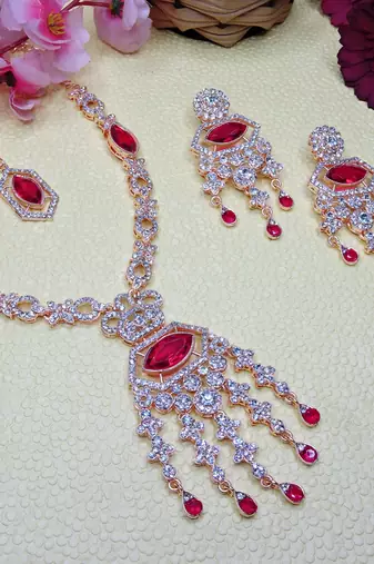Pink rose gold premium designer american diamond and stone work necklace set
