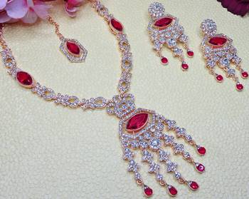Pink rose gold premium designer american diamond and stone work necklace set 3