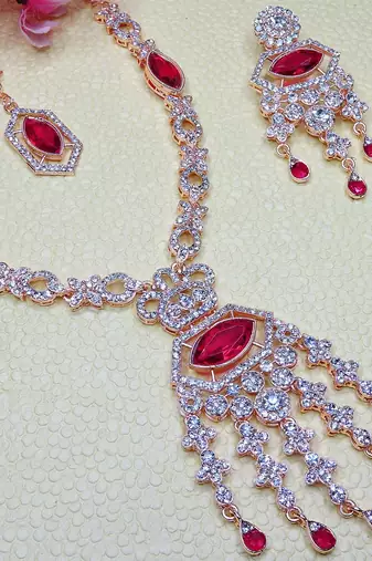 Pink rose gold premium designer american diamond and stone work necklace set
