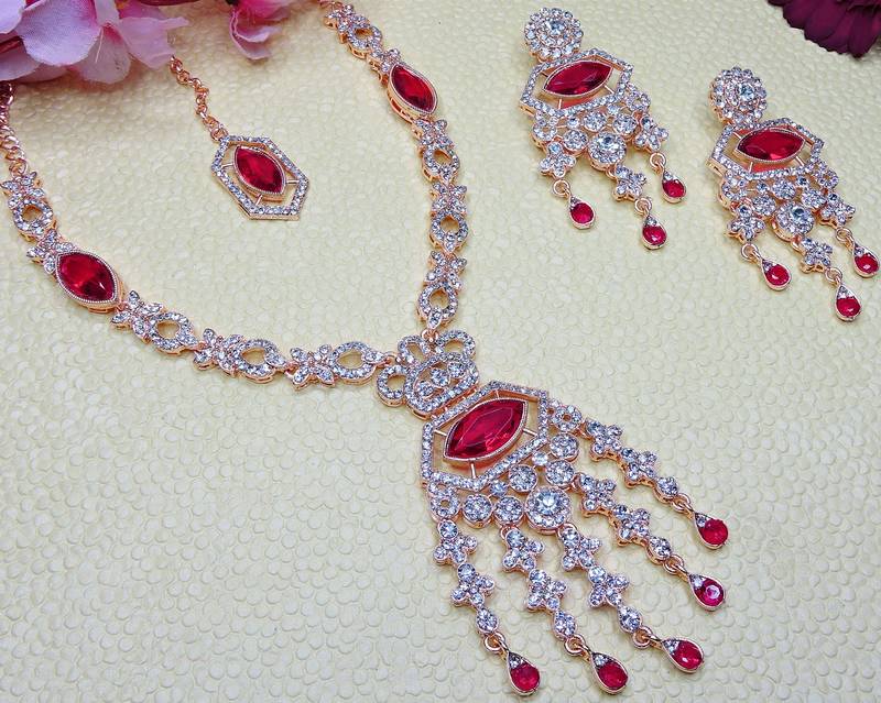 Pink rose gold premium designer american diamond and stone work necklace set