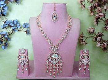 White rose gold premium designer american diamond and stone work necklace set 1