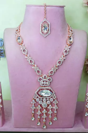 White rose gold premium designer american diamond and stone work necklace set
