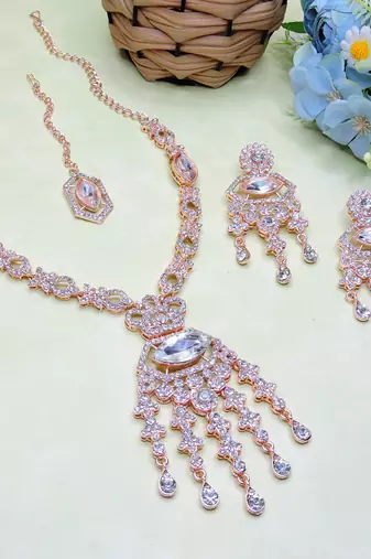 White rose gold premium designer american diamond and stone work necklace set