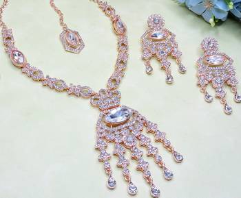 White rose gold premium designer american diamond and stone work necklace set 3
