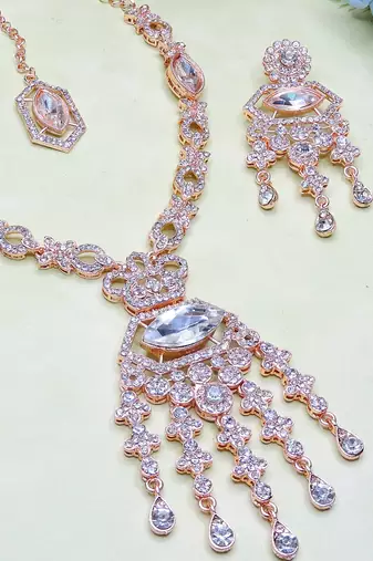 White rose gold premium designer american diamond and stone work necklace set