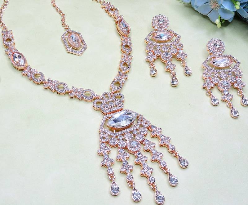White rose gold premium designer american diamond and stone work necklace set