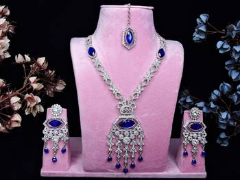 Blue rhodium premium designer american diamond and stone work necklace set 1
