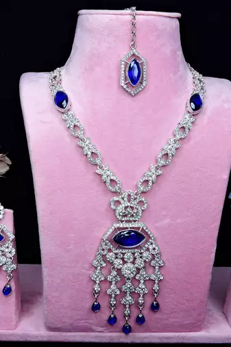 Blue rhodium premium designer american diamond and stone work necklace set