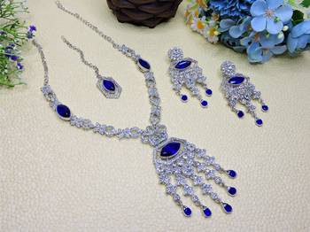 Blue rhodium premium designer american diamond and stone work necklace set 2