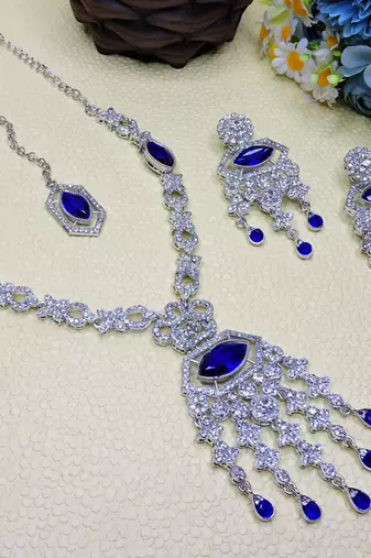 Blue rhodium premium designer american diamond and stone work necklace set