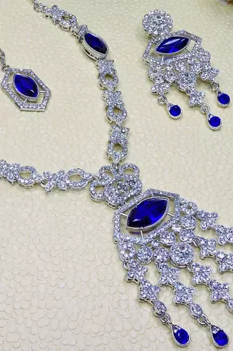Blue rhodium premium designer american diamond and stone work necklace set