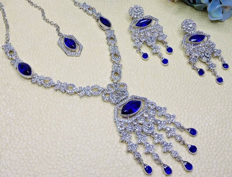 Blue rhodium premium designer american diamond and stone work necklace set