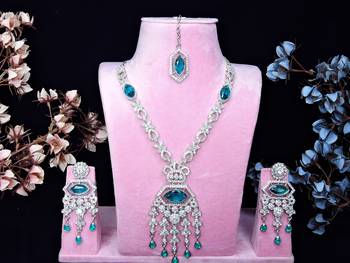 Green rhodium premium designer american diamond and stone work necklace set 1