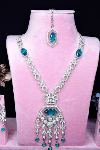 Green rhodium premium designer american diamond and stone work necklace set