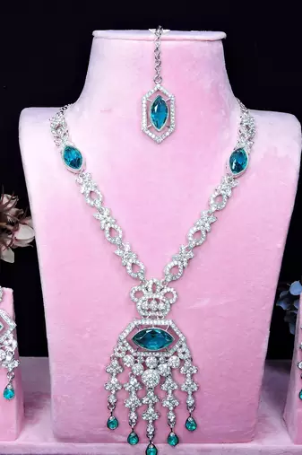 Green rhodium premium designer american diamond and stone work necklace set