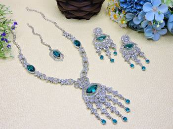 Green rhodium premium designer american diamond and stone work necklace set 2