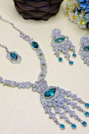 Green rhodium premium designer american diamond and stone work necklace set
