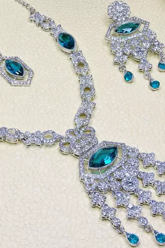 Green rhodium premium designer american diamond and stone work necklace set