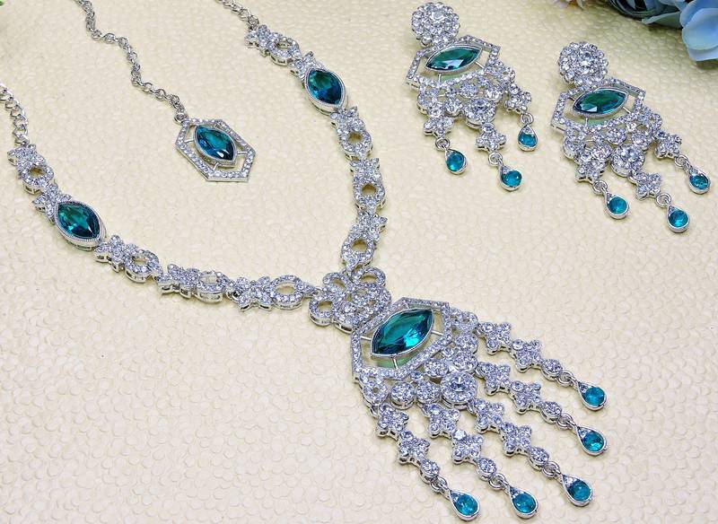 Green rhodium premium designer american diamond and stone work necklace set