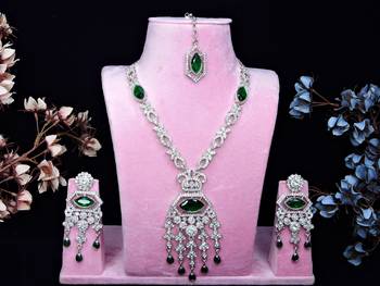 Green rhodium premium designer american diamond and stone work necklace set 1